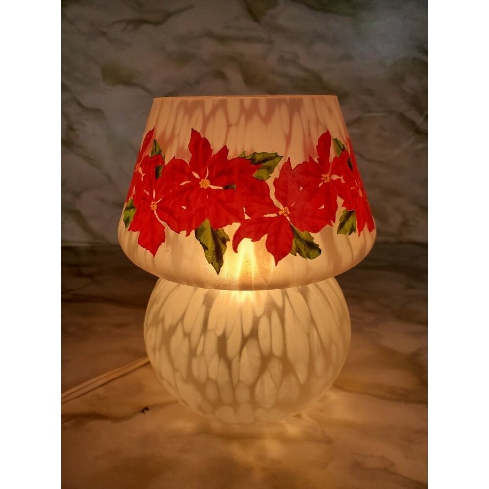 Vtg Speckled Art Frosted Glass Mushroom Table Lamp‎ Red Poinsettia Flower MCM